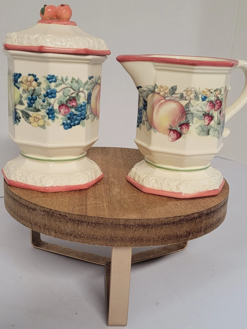Vintage Avon Floral Fruit Ceramic Creamer and Sugar Set in Pink Trim